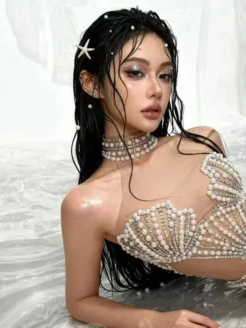 Sparkly Rhinestone, Pearl & Tassel Transparent Performance Dress Stage Costume