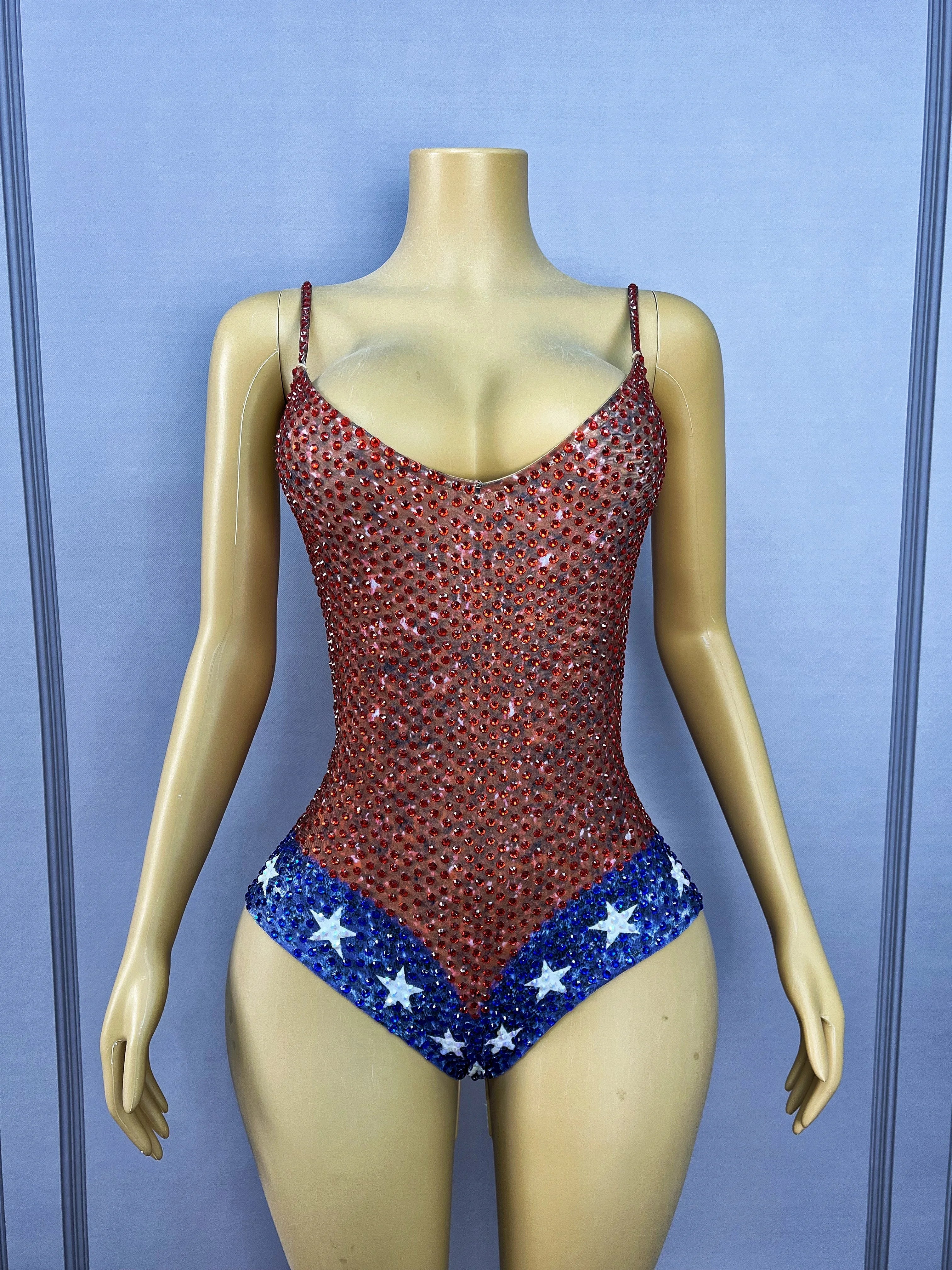 Twinkling Rhinestone Stars High-Cut Stage Bodysuit Dance Performance Leotard