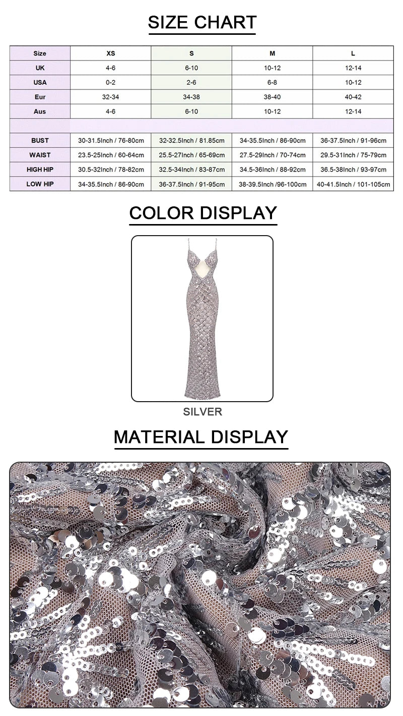 Silver Sequin Plunge Backless Maxi Dress
