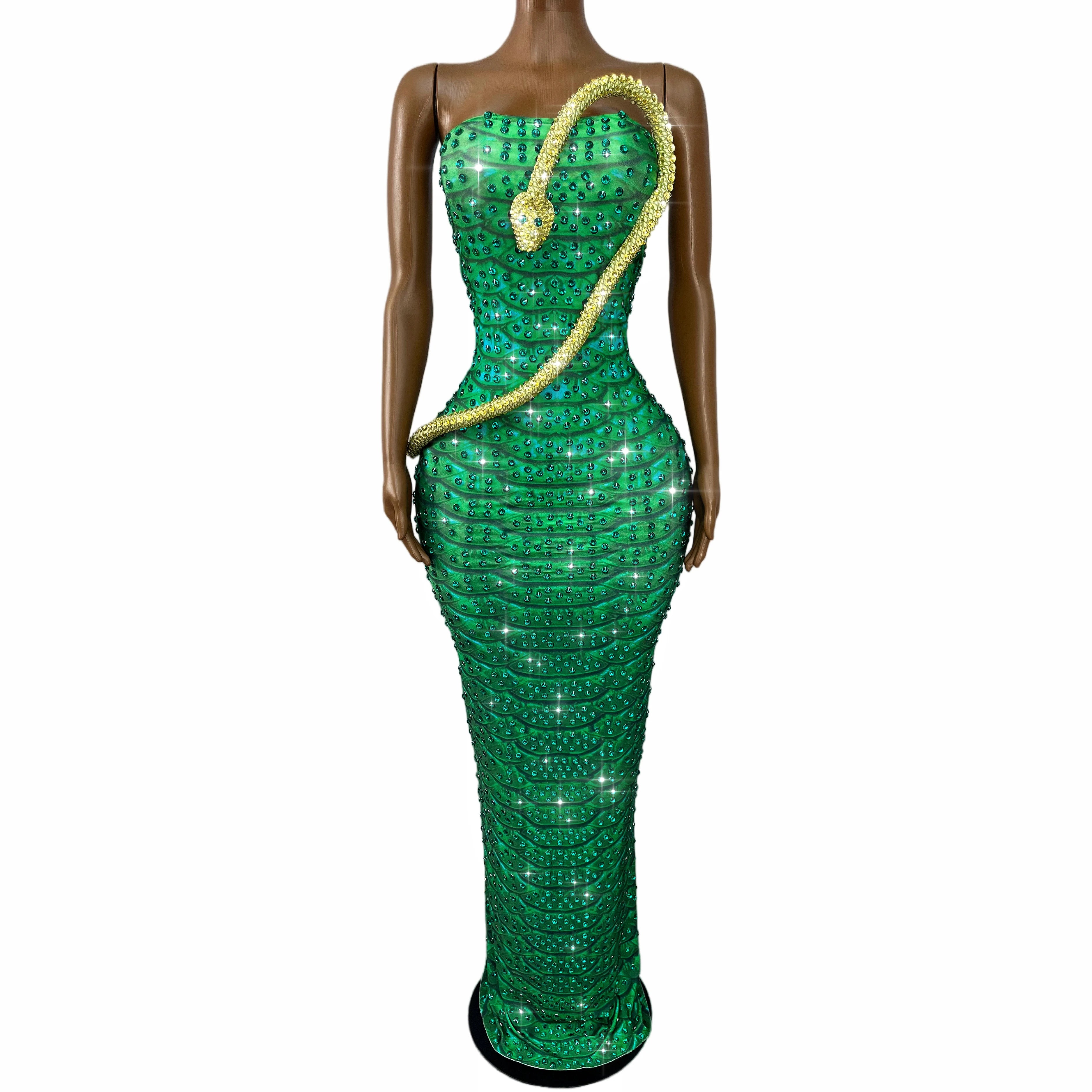 Emerald Snake Rhinestone Illusion Strapless Gown Sculpted Serpent Floor-Length Evening Dress