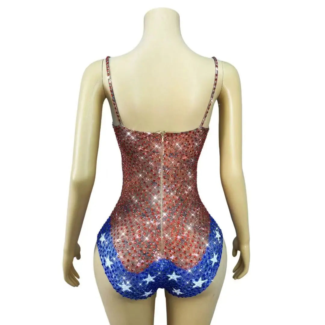 Nightclub Bar Stage Crystal Bodysuit Sparkly Red Blue Rhinestones Sleeveless Leotard Women Singer Dancer Sexy Show Stage Costume