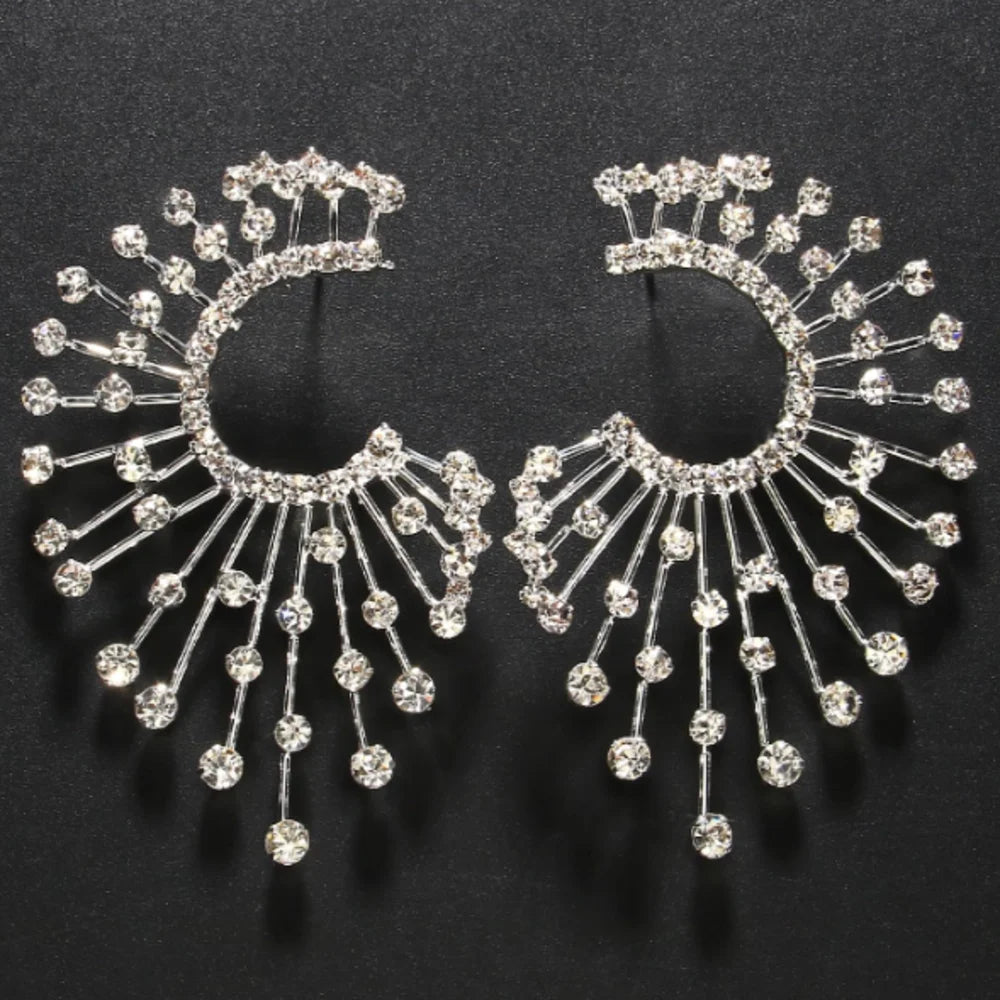 Oversized Crystal Rhinestone Geometric Fan Stud Earrings Drag Queen Stage Jewelry