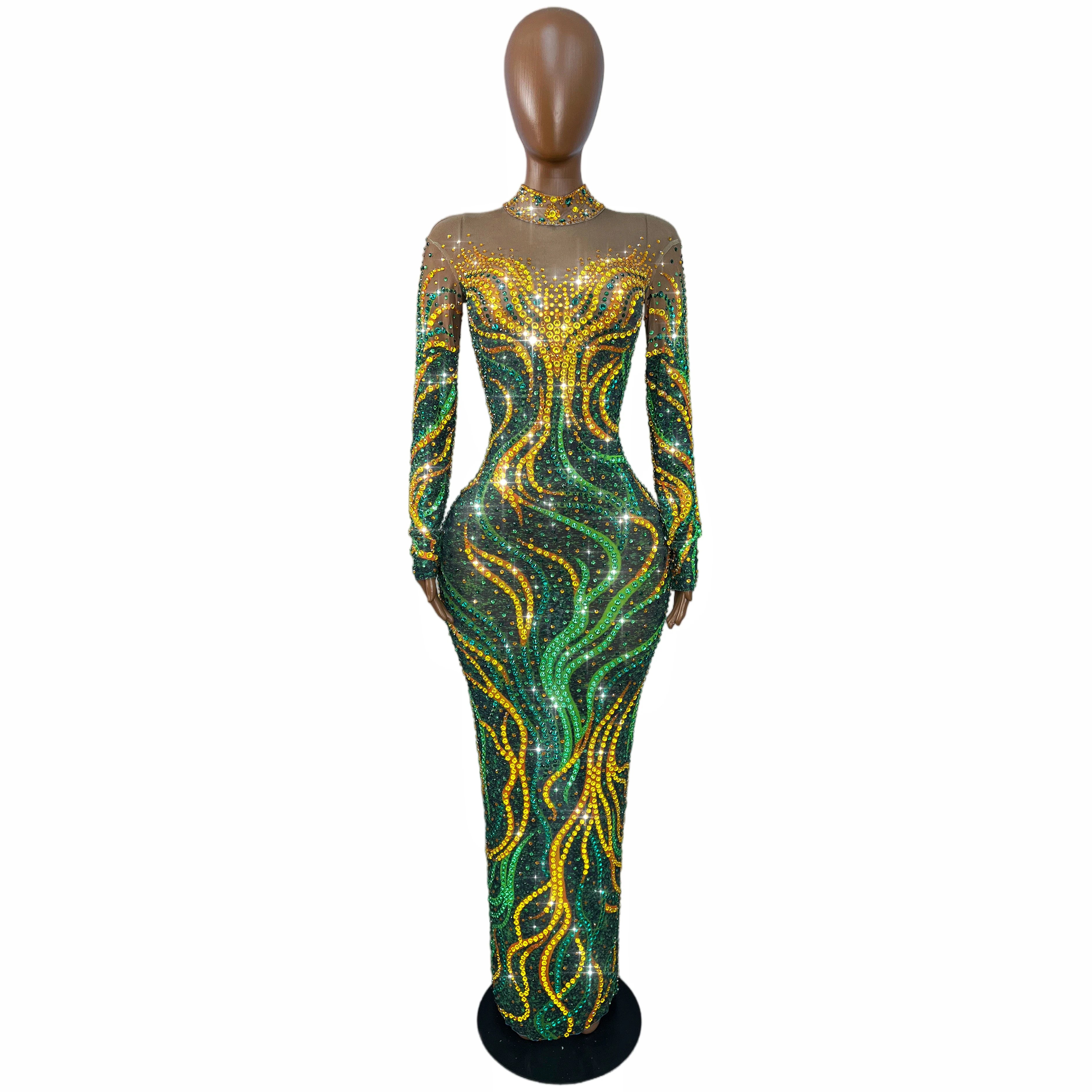 Gold & Emerald Swirl Rhinestone Illusion Maxi Gown Long Sleeve Floor-Length Evening Dress