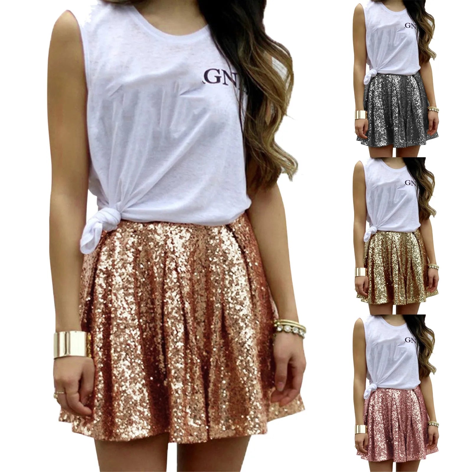 Sequin High Waist Pleated A-Line Skirt