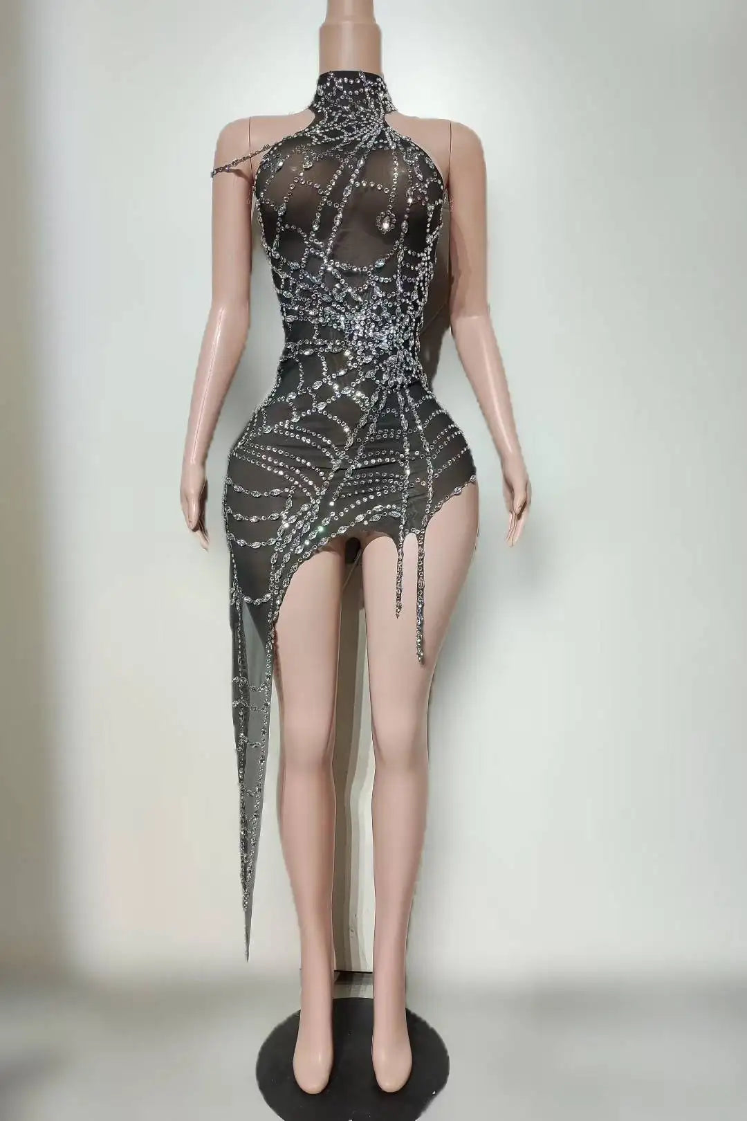 Sparkly Silver Rhinestone Spider Web Mesh Stage Performance Costume Set