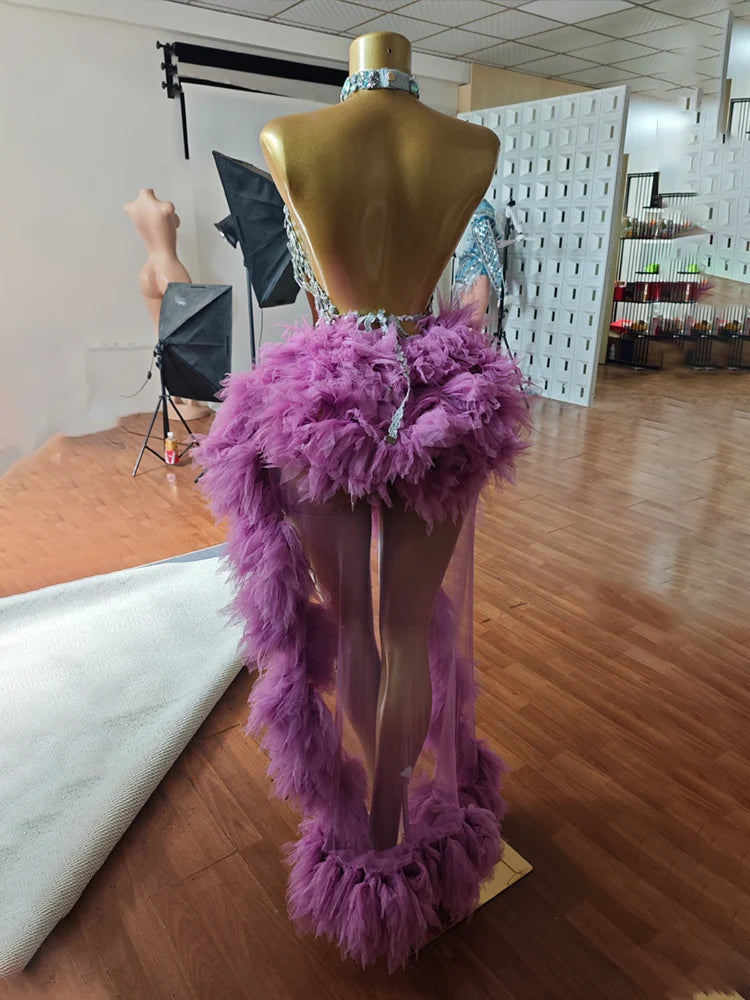 Purple Spiderweb Rhinestone Halter Bodysuit & Trailing Ruffle Tulle Skirt 2-Piece Stage Costume Set