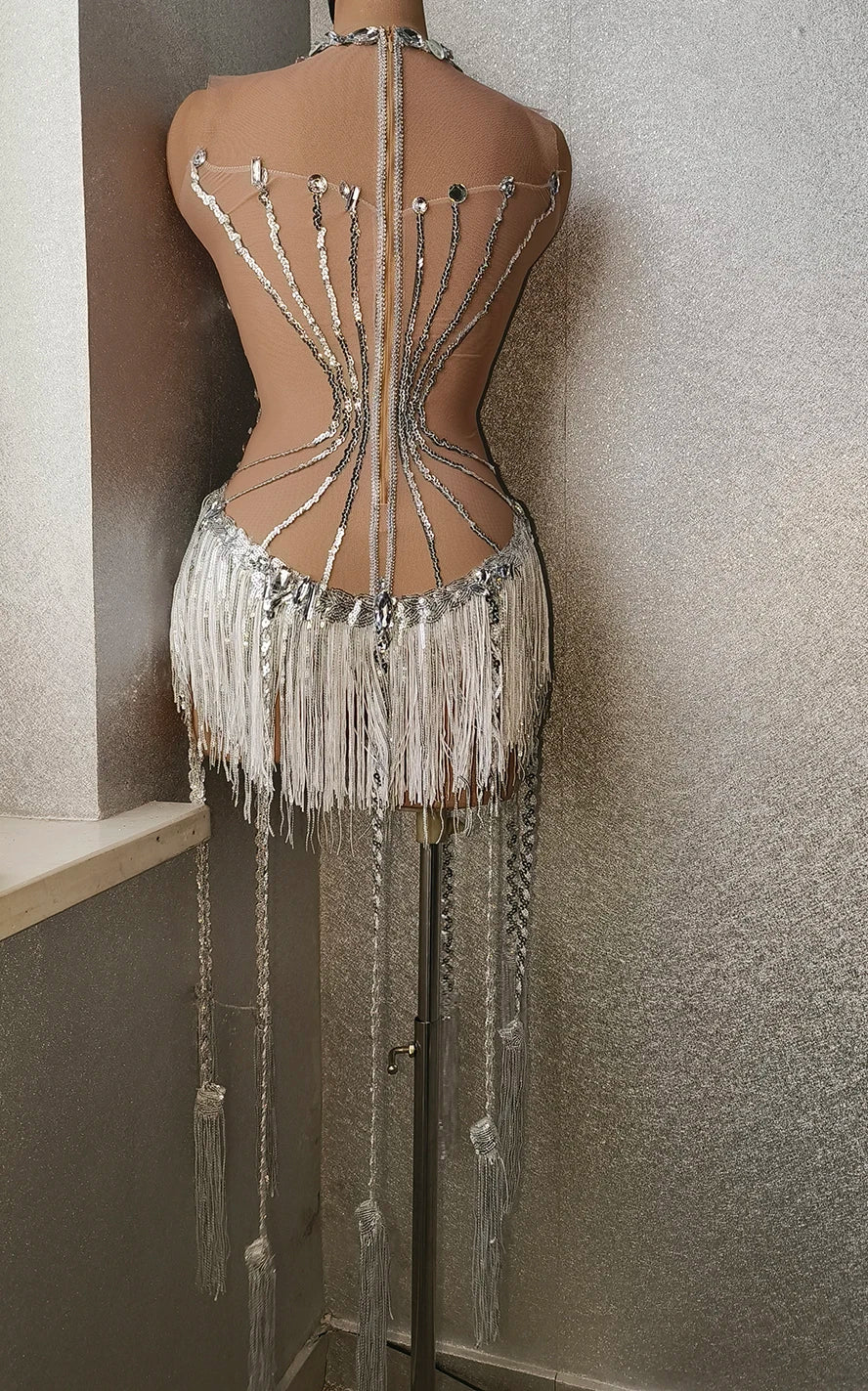 Sparkly Silver Rhinestone & Long Tassel Fringe Leotard Stage Performance Costume