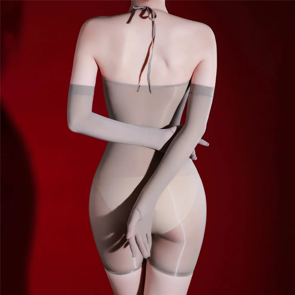Women 5D Thin Oil Shiny Smooth Bodysuit Stripe Sleeveless Elastic Tights Yoga Shaping Backless Playsuit Maid Leotard With Glove