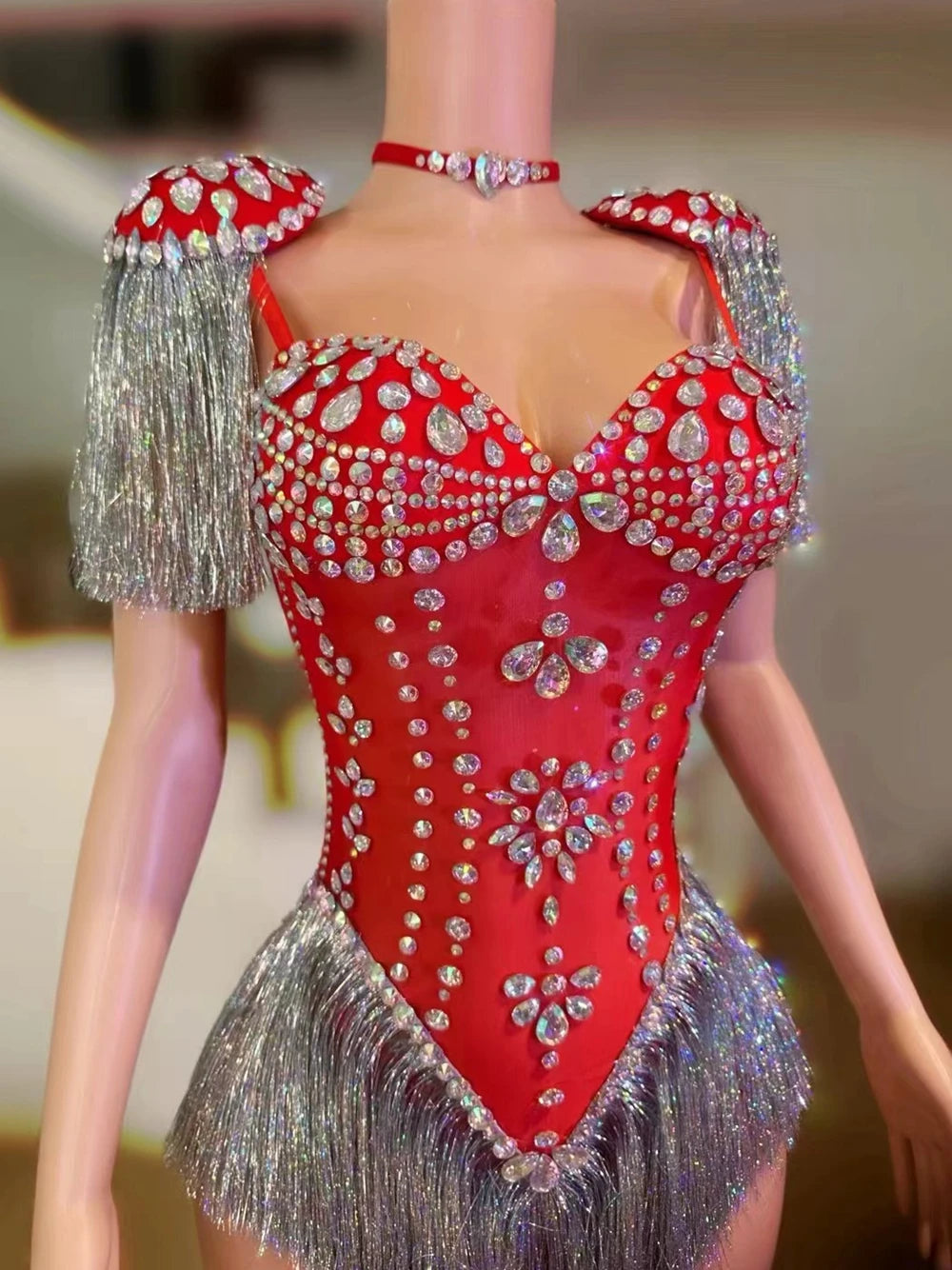 Sparkly Red Rhinestone & Tassel Sleeveless Bodysuit Dance Stage Costume
