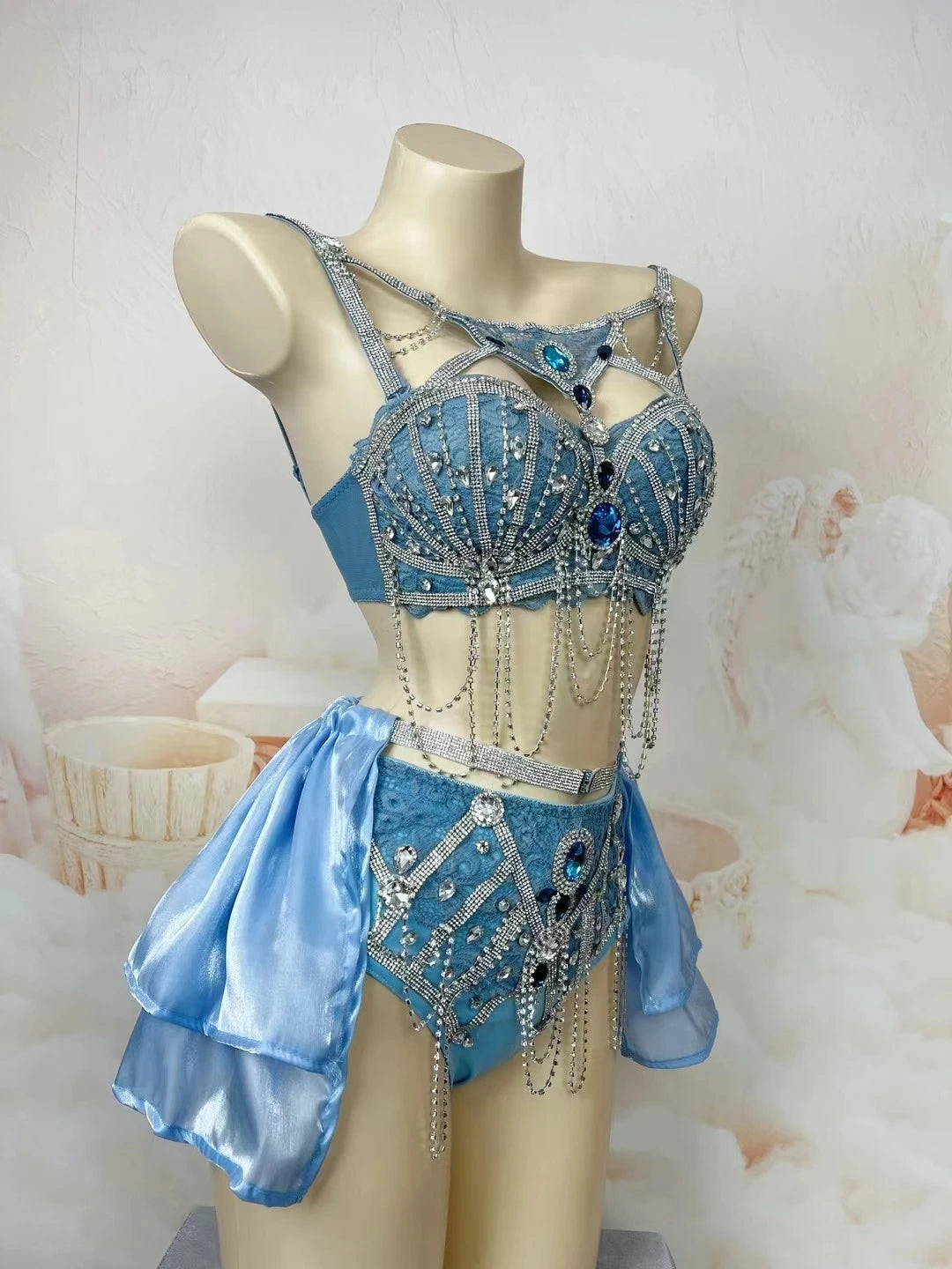 Sapphire Blue Rhinestone Bikini & Micro Skirt 2-Piece Stage Dance Costume Set