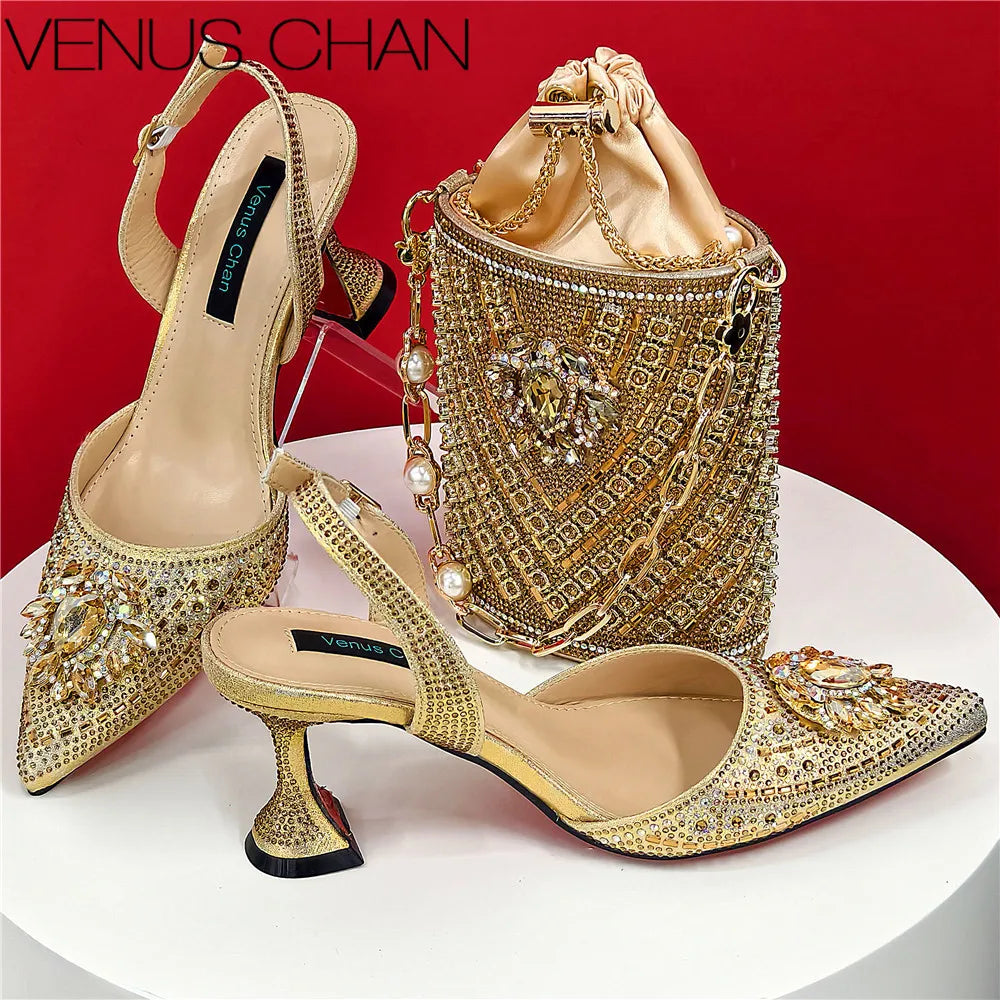 Shoes and Bag Set With Rhinestone Handbag