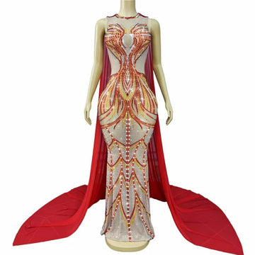Women's Rhinestone Mesh Cloak Gown | Elegant Shining Stage Dress for Red Carpet, Prom & Birthday