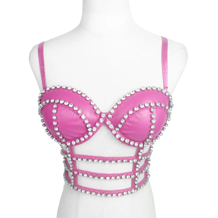 Gothic Studded Faux Leather Bustier Top Cage Strap Party Bralette
