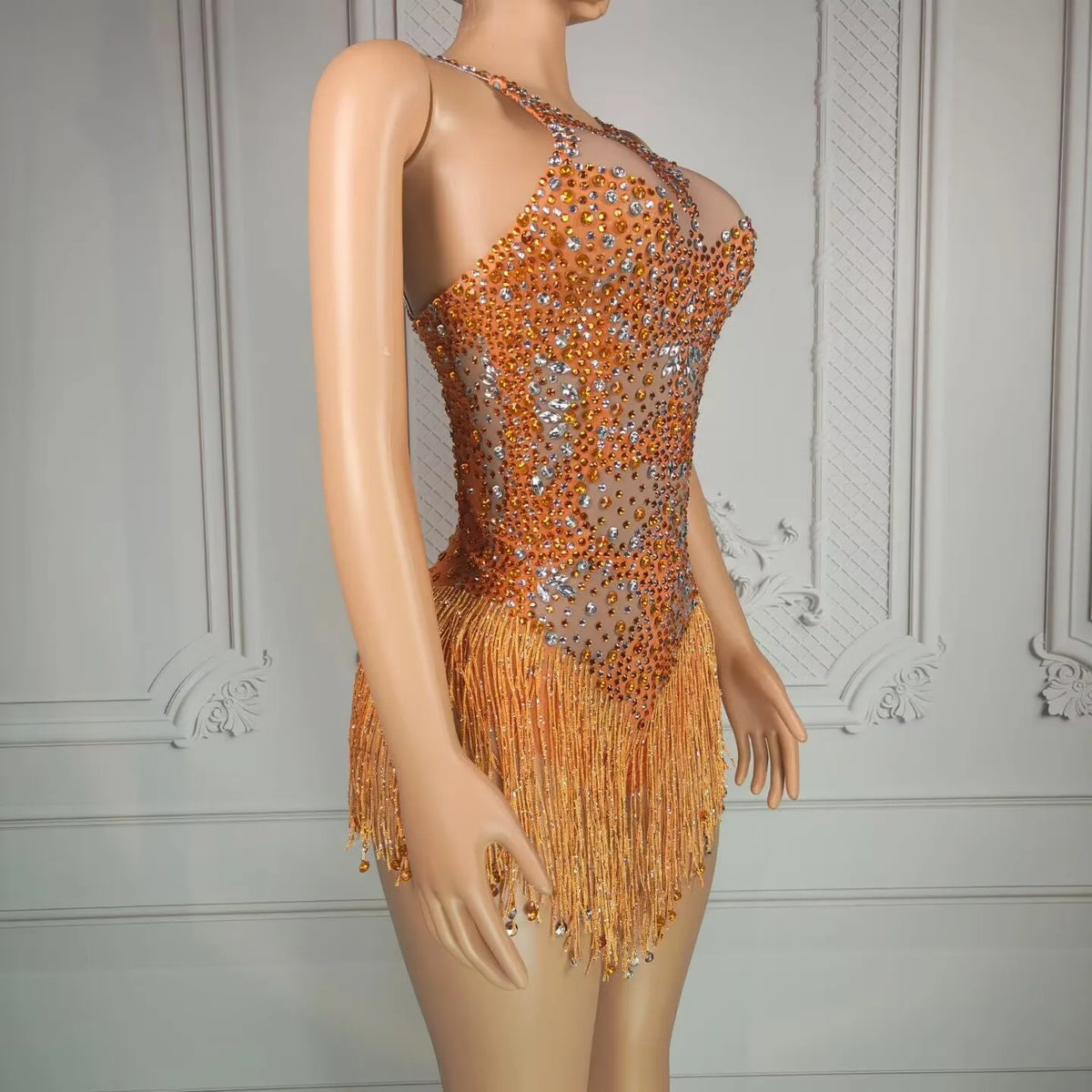 Women's Rhinestone Tassel Bodysuit | Sparkly Leotard for Stage, Nightclub & Dance Performance