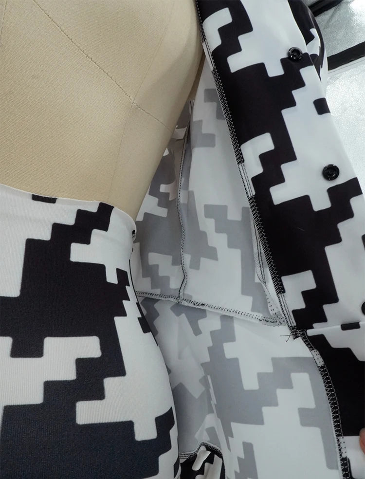 Houndstooth Geometric Print Bodysuit, Over-Knee Boots & Statement Hat 3-Piece Stage Costume Set