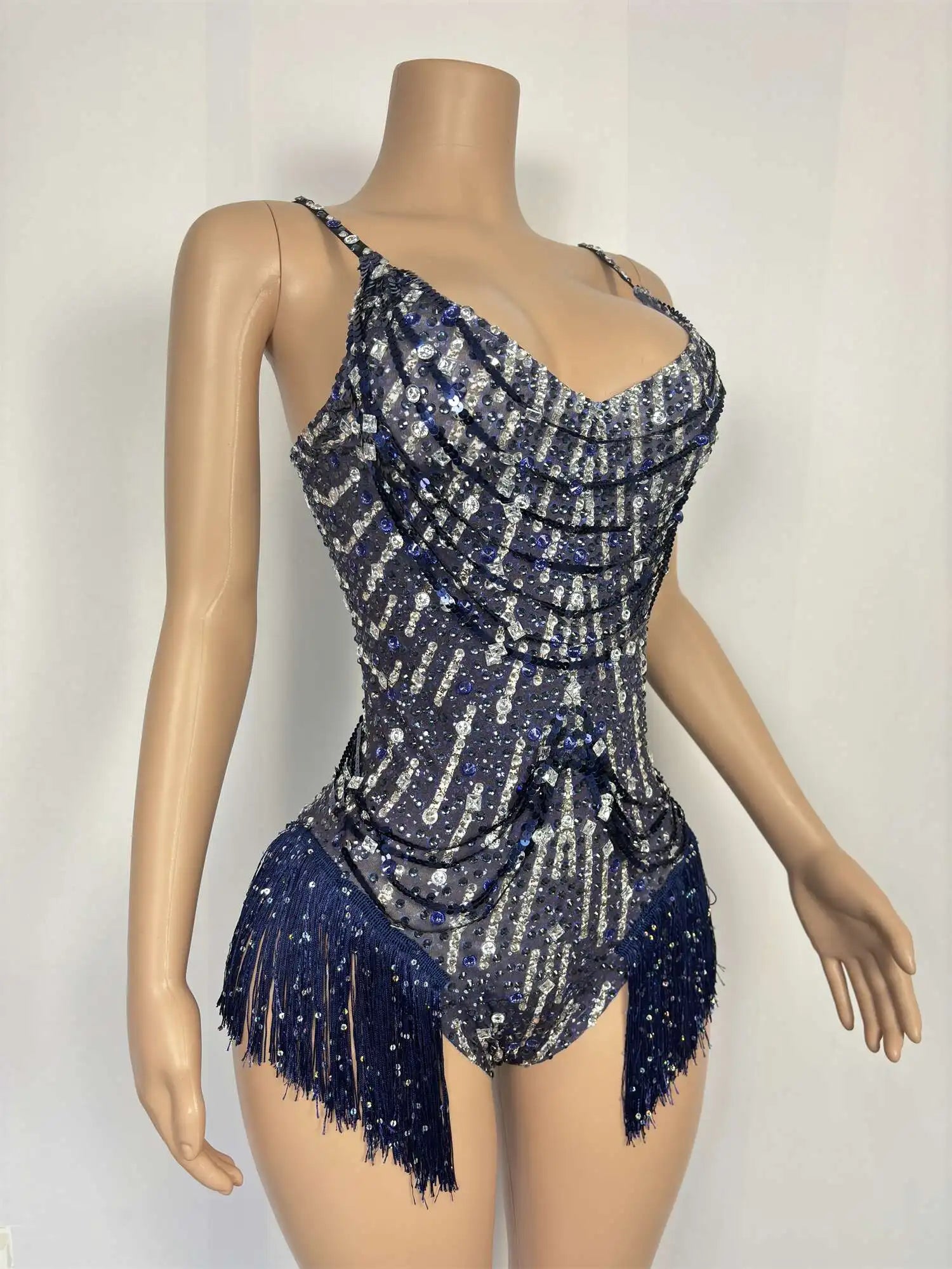 Sparkly Rhinestone Tassel Fringe Dance Leotard Nightclub Stage Performance Bodysuit