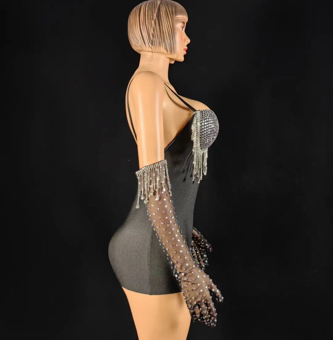 Black Spandex Crystal Tassel Bodysuit with Matching Gloves Stage Performance Set
