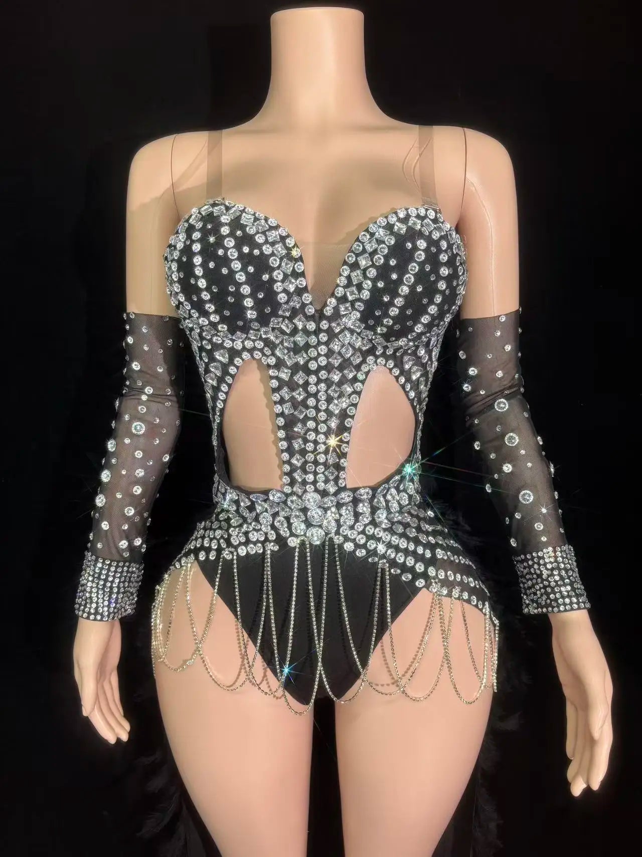 Rhinestone Chain Bodysuit with Detachable Feather Train & Sleeves 3-Piece Stage Costume Set
