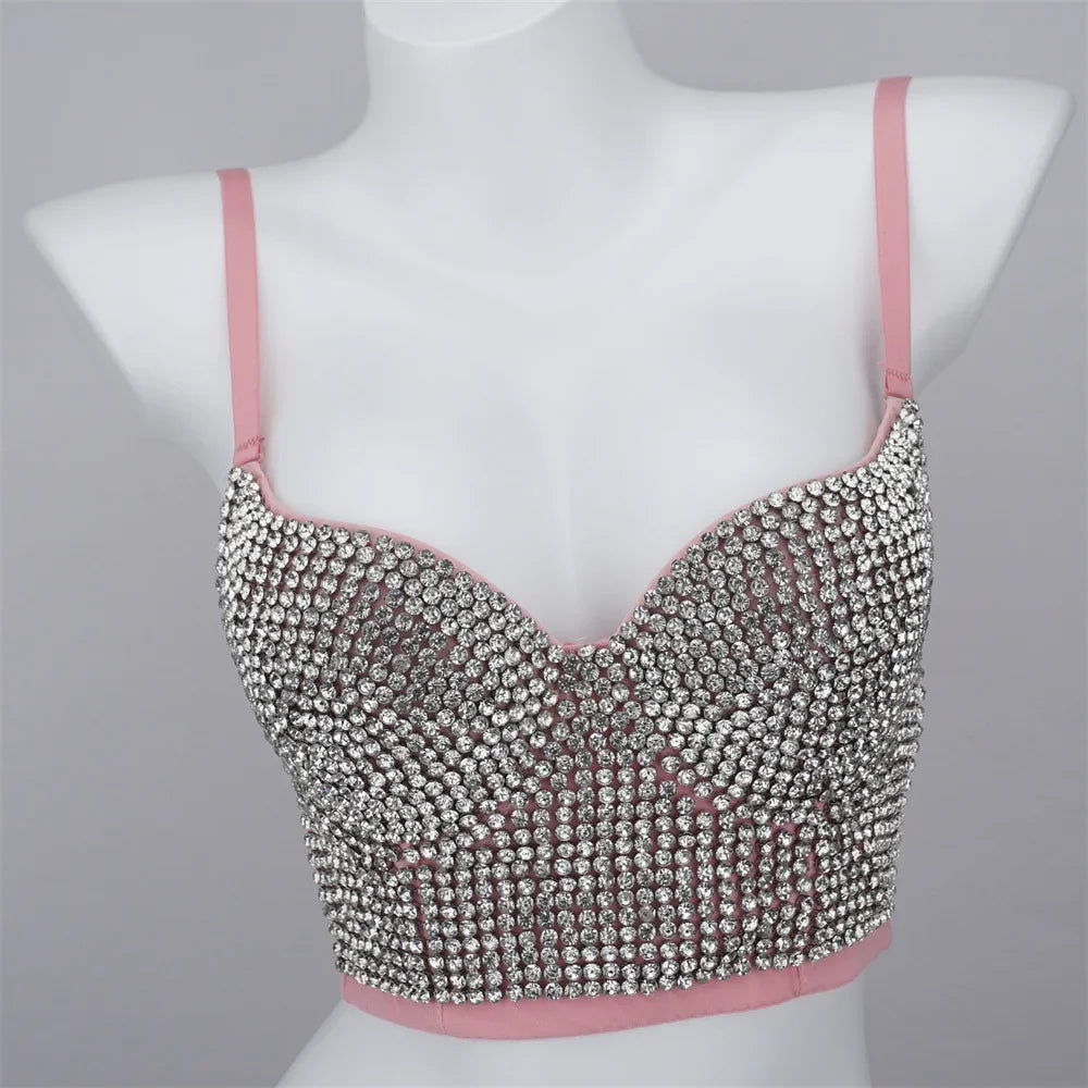 Sparkly Diamond Rhinestone Corset Top Showgirl Stage Performance Push-Up Bustier