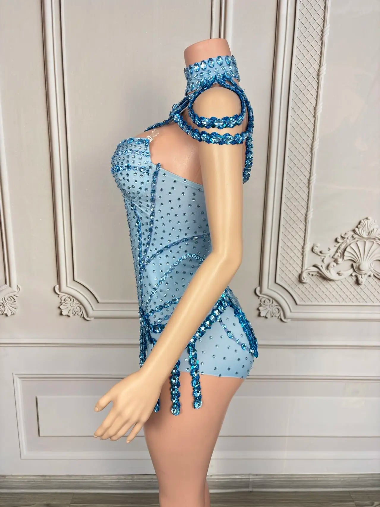 Sparkly Rhinestone Tassel Spandex Bodysuit Halter Dance Stage Costume Leotard