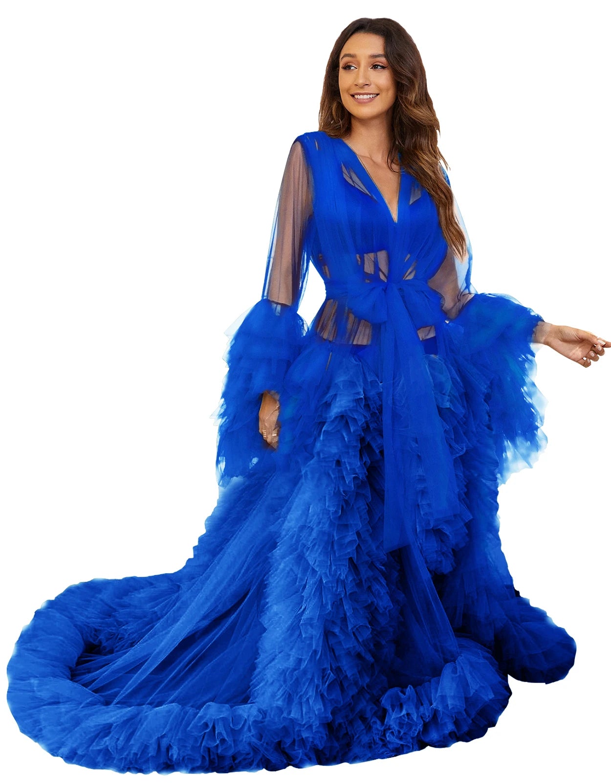 Voluminous Illusion Tulle Ruffle Long Robe Dressing Gown