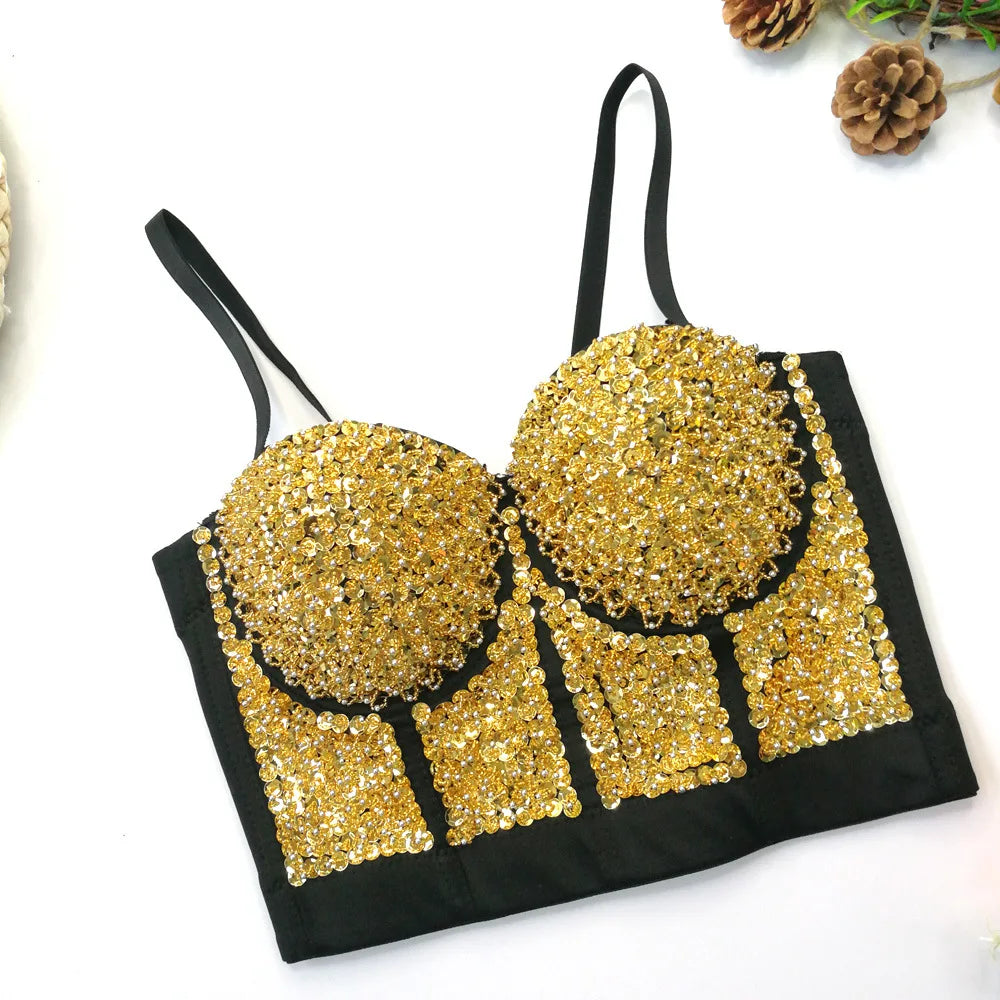 Gold Beaded Sequin Embroidery Bustier Corset Crop Top Party Bralette