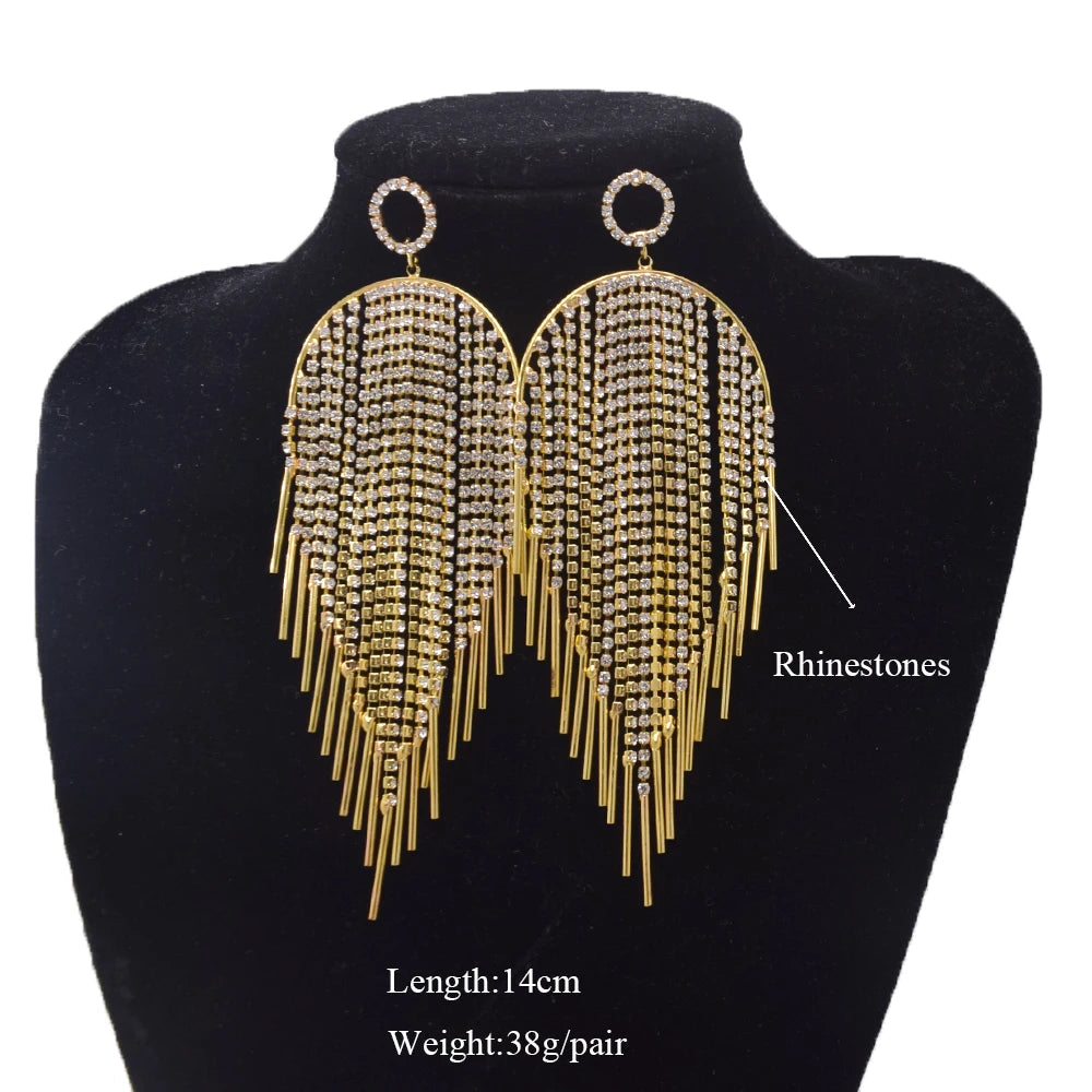 Sparkly Crystal Rhinestone Tassel Drop Earrings Stage Performance Jewelry