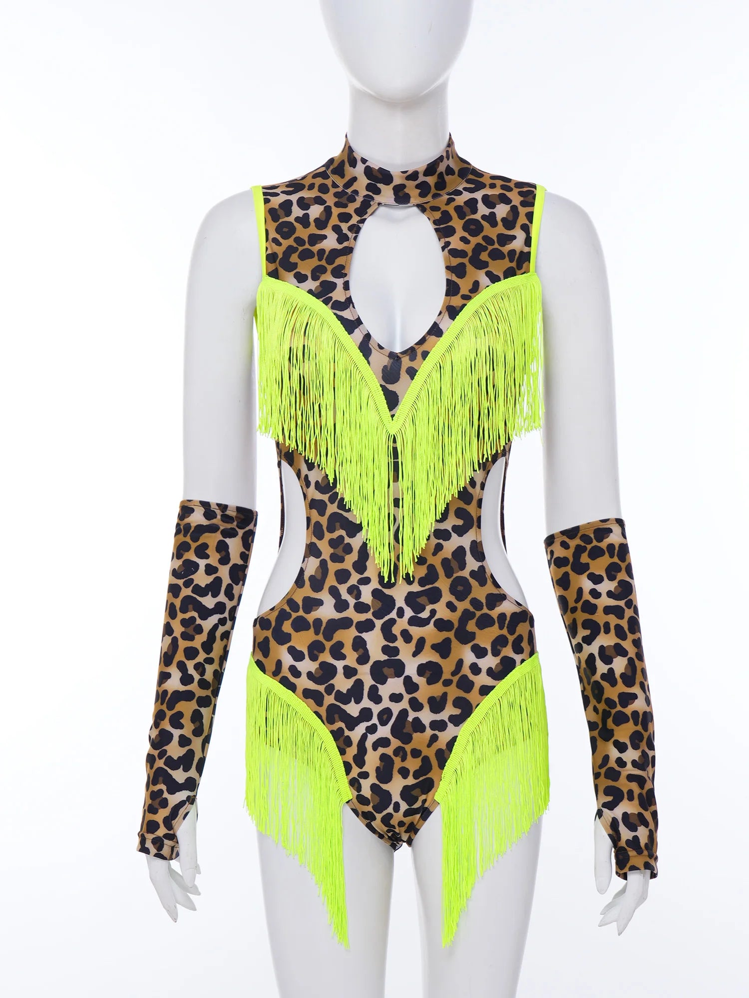 Leopard Cutout Bodysuit & Fringe Sleeves 2-Piece Latin Ballroom Stage Costume Set