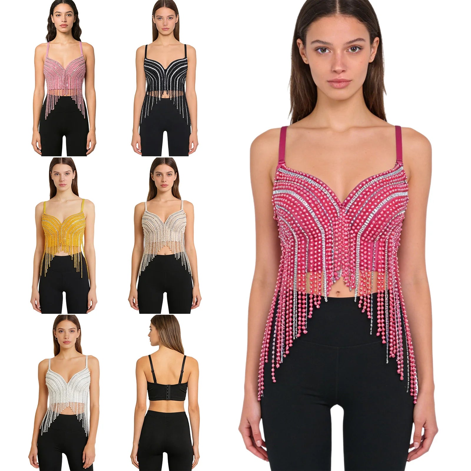 Rhinestone & Bead Tassel Push-Up Underwire Bustier Crop Top