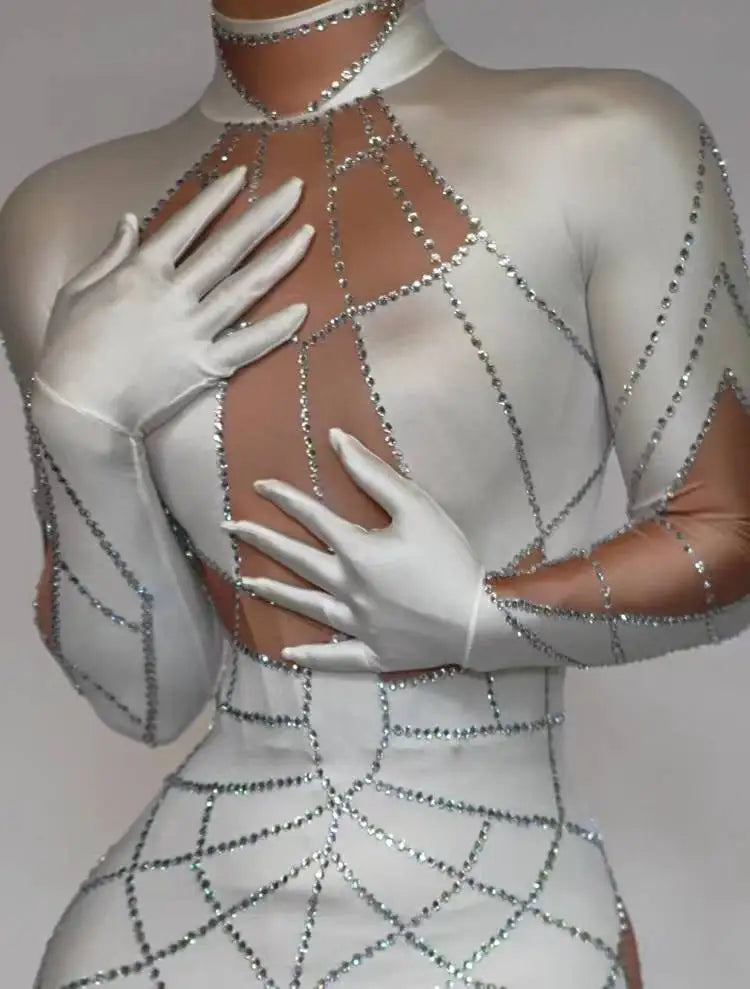 Sparkly Rhinestone Jumpsuit with Long Sleeve Gloves – Sexy Stretchy Bodysuit for Nightclub, Stage & Performance