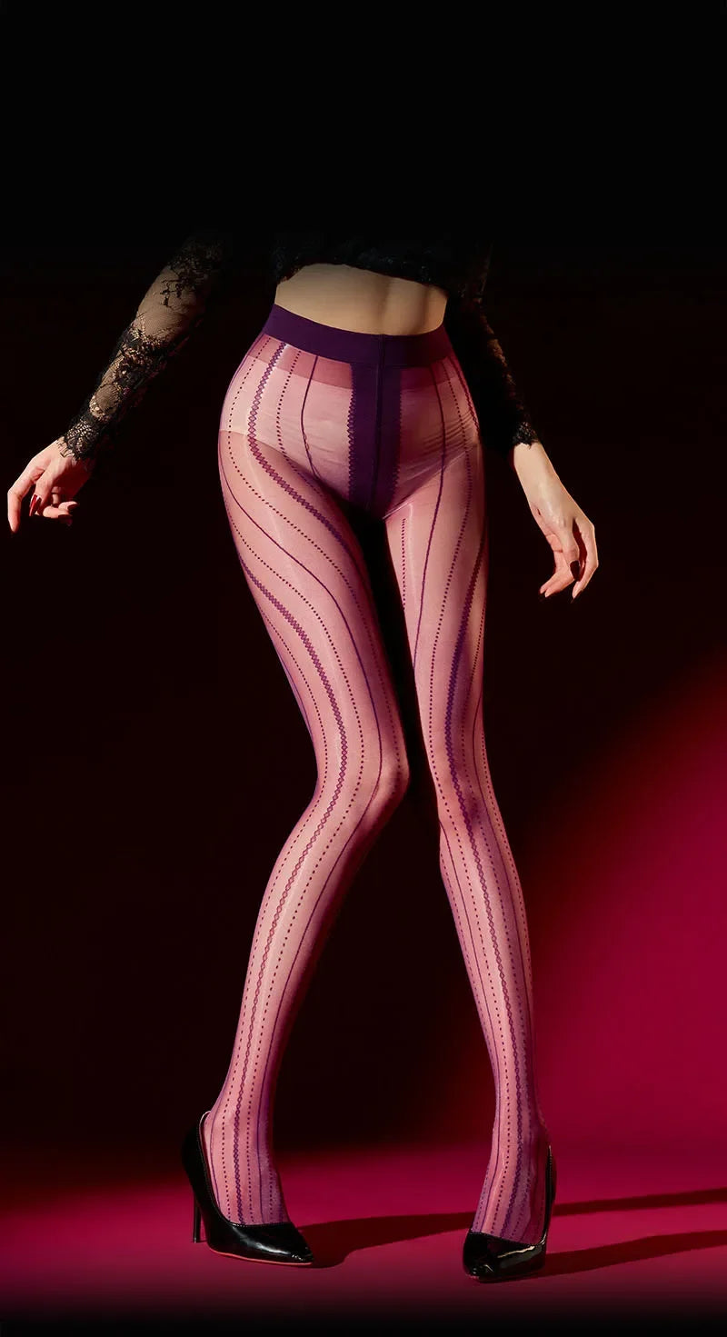 Striped Oil Glossy Sheer High-Waist Shaping Pantyhose Shiny Dance Tights