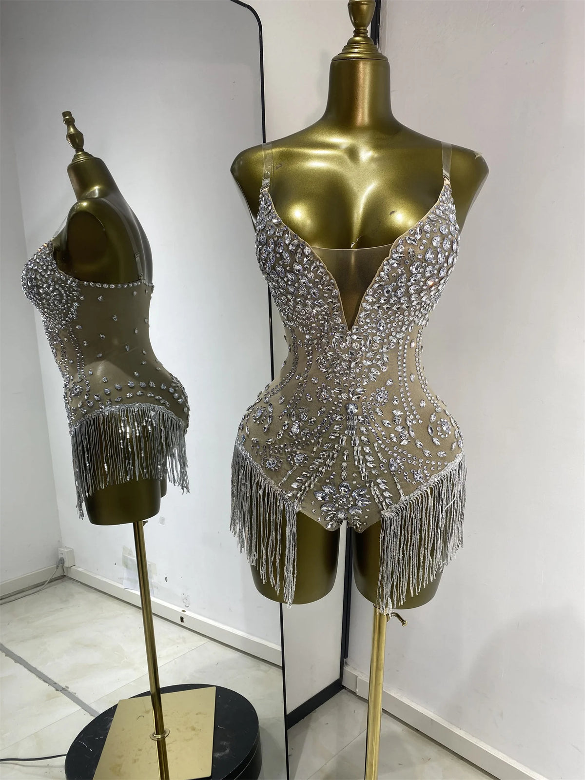 Vintage-Inspired Shiny Rhinestones Tassel Mesh Bodysuit Costume Set