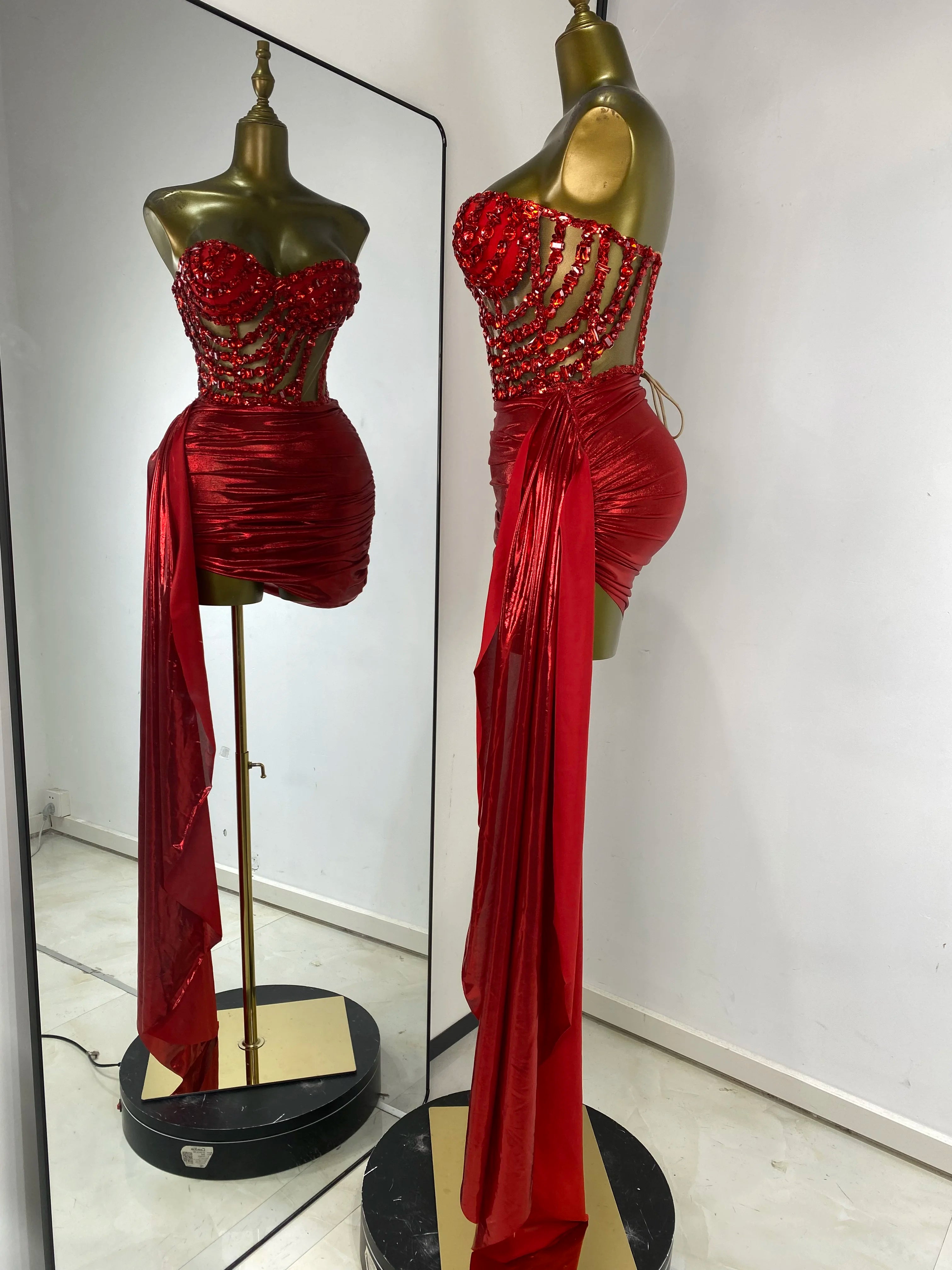 Rhinestone Tube Bustier Corset Top & Bronzing Mini Skirt 2-Piece Performance Set