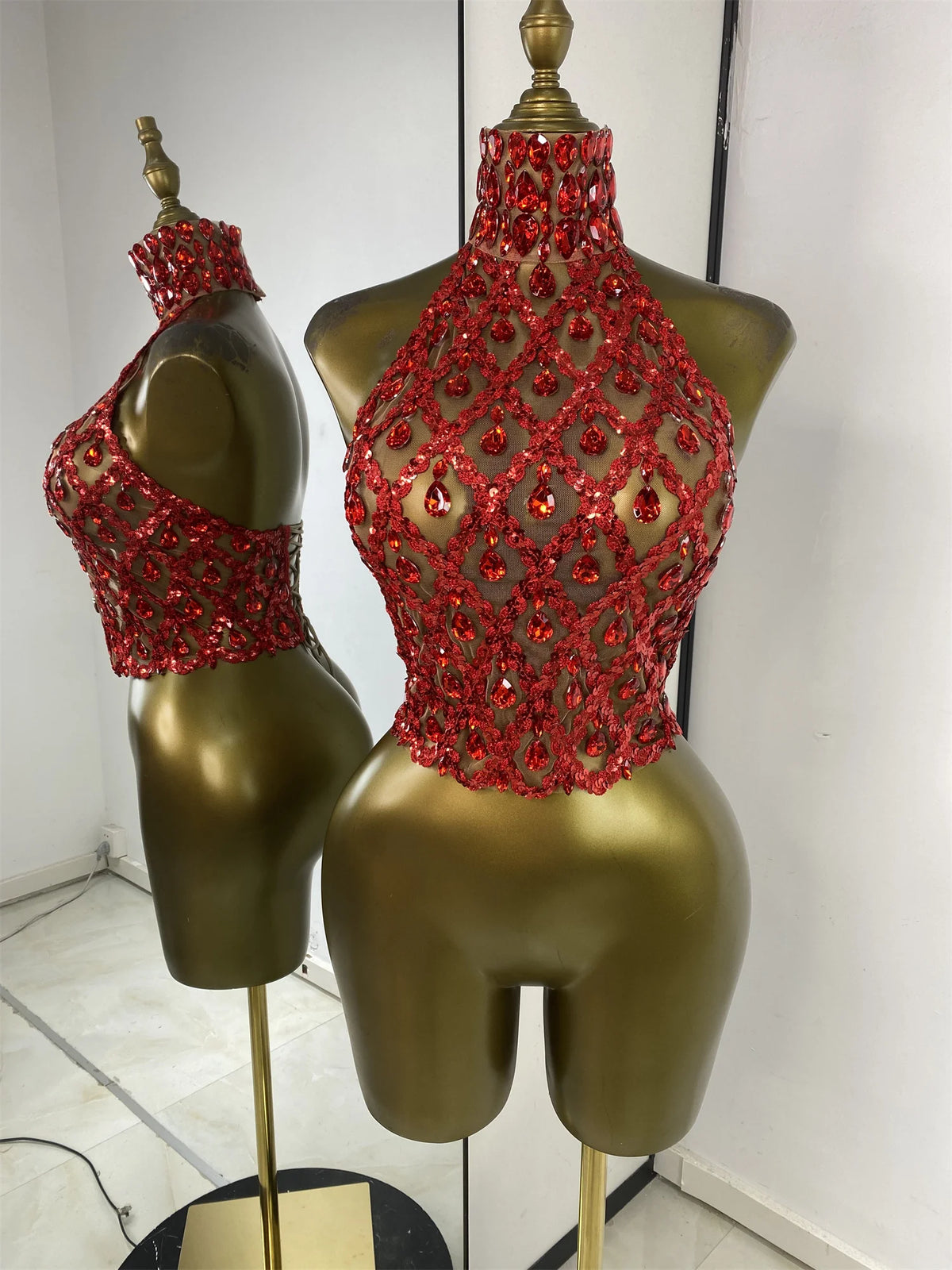 Sparkly Rhinestones Sequins Mesh Laced-Up Back Top
