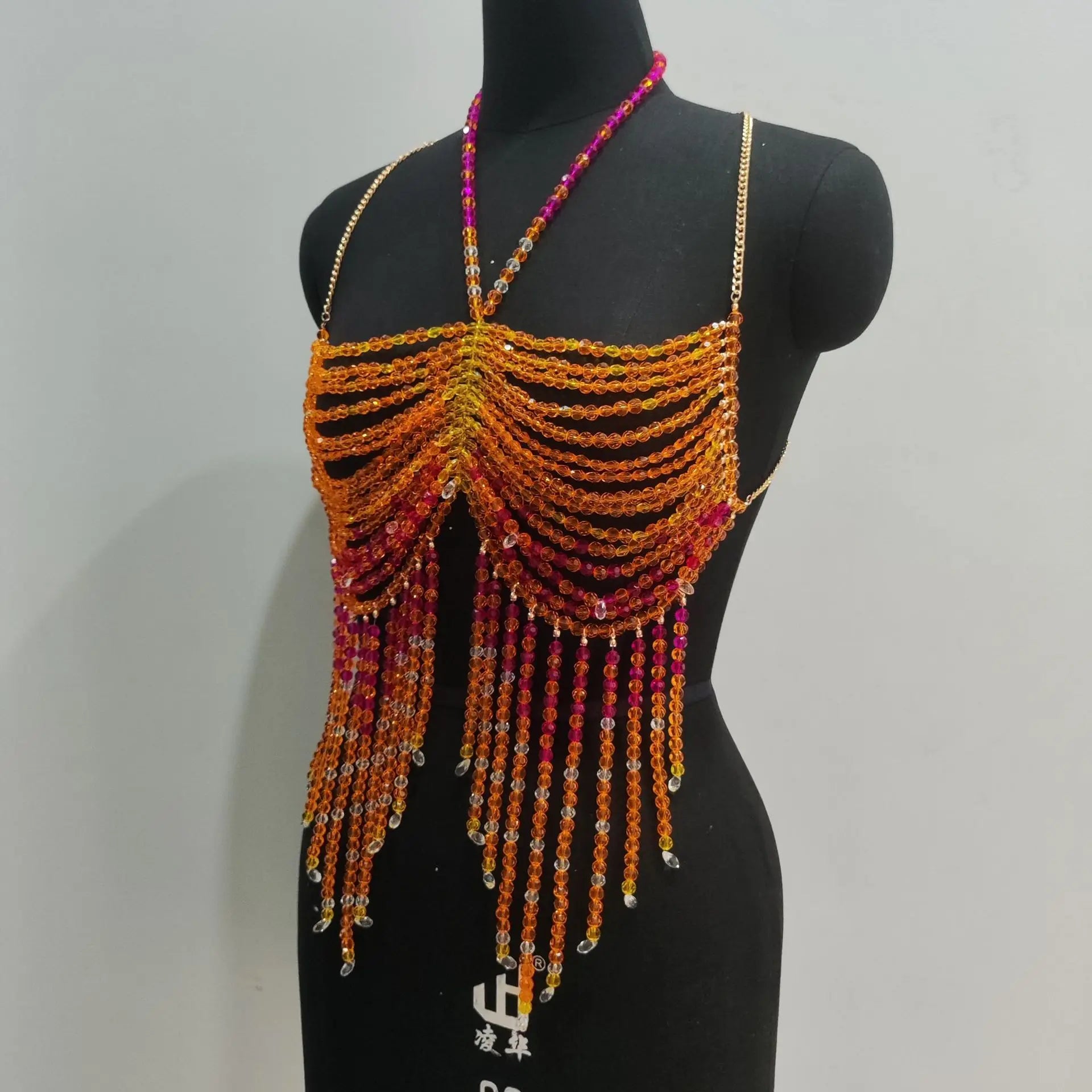 Handmade Multilayer Beaded Bra Chain & Vibrant Sunset Chest Harness