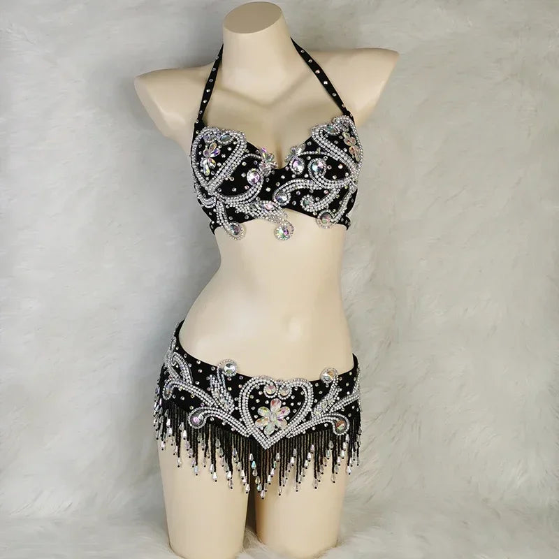 Dazzling Beaded Crystal Belly Dance Bra & Belt 2-Piece Costume Set