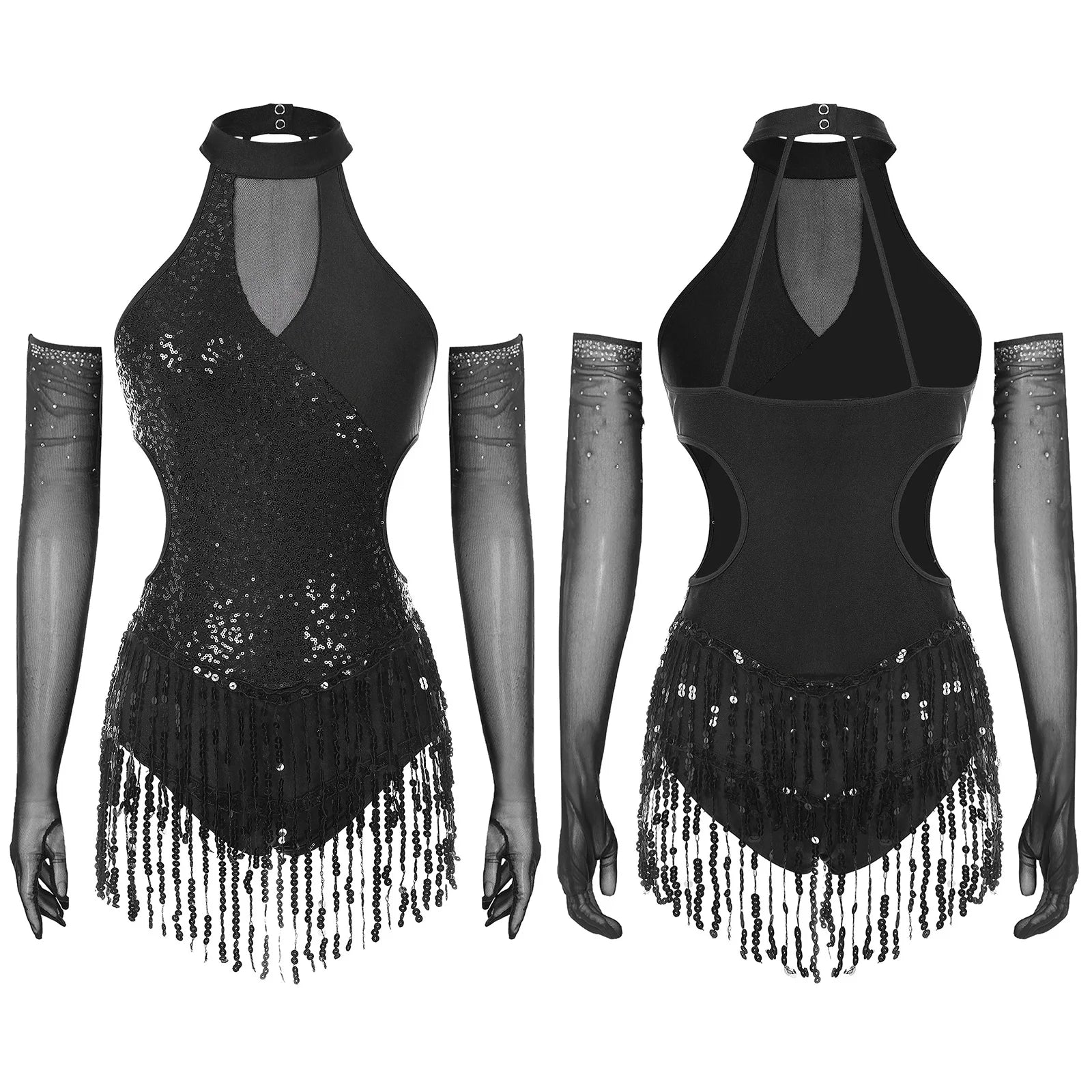 Sequined Fringe Latin Dance & Figure Skating Jumpsuit Leotard Set with Mesh Gloves