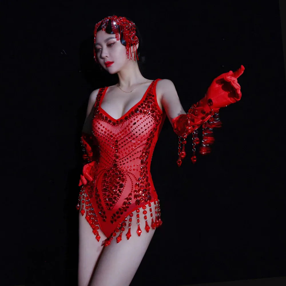 Sexy Nightclub Bar Gogo Dance Costume Red Rhinestones Fringe Mesh Bodysuit Gloves Performance Stage Wear Party Show Rave Outfits