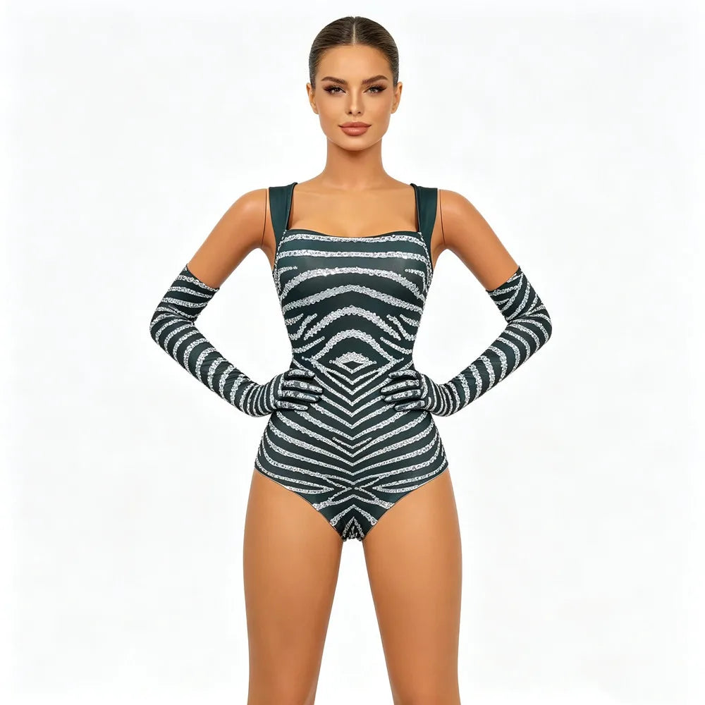 Chevron Striped Rhinestone Bodysuit & Matching Long Gloves 2-Piece Stage Costume Set