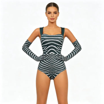 Chevron Striped Rhinestone Bodysuit & Matching Long Gloves 2-Piece Stage Costume Set
