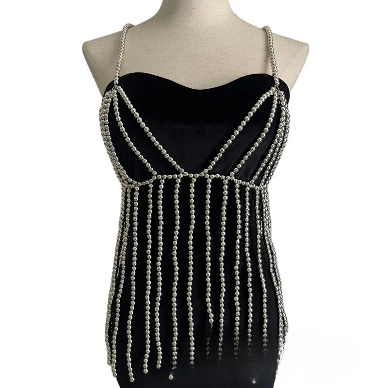 Pearl-Look Beaded Halter Bra Chain