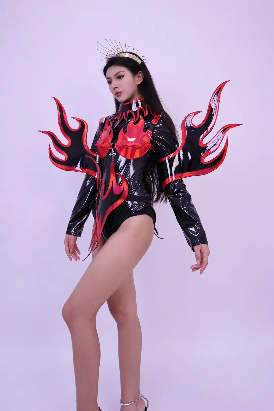 Flame Patent Leather Bodysuit & Sculpted Wing Shoulders 2-Piece Stage Costume Set