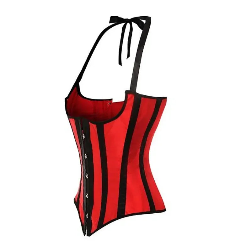 Gothic Striped Satin Halter Underbust Corset Vest 12 Spiral Steel Bones Bustier