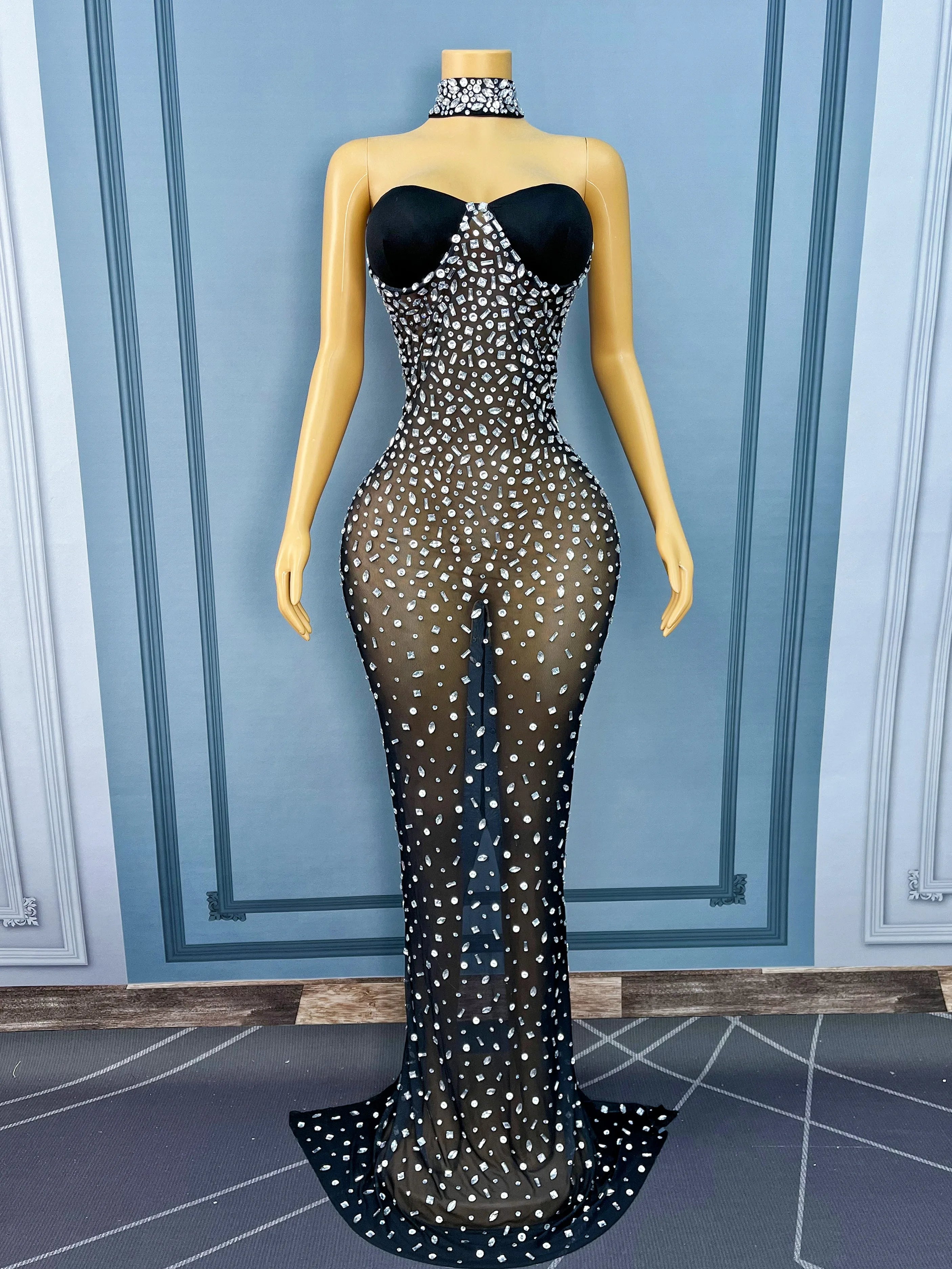 Silver Rhinestone Sheer Mesh Tube Evening Gown Stage Ball Dress