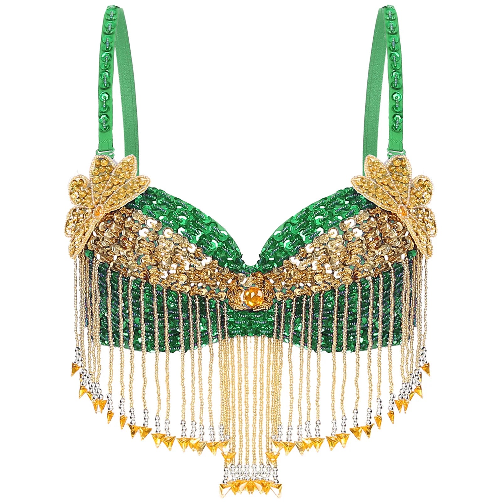 Sparkly Floral Beaded Sequin Belly Dance Bra & Tassel Performance Top