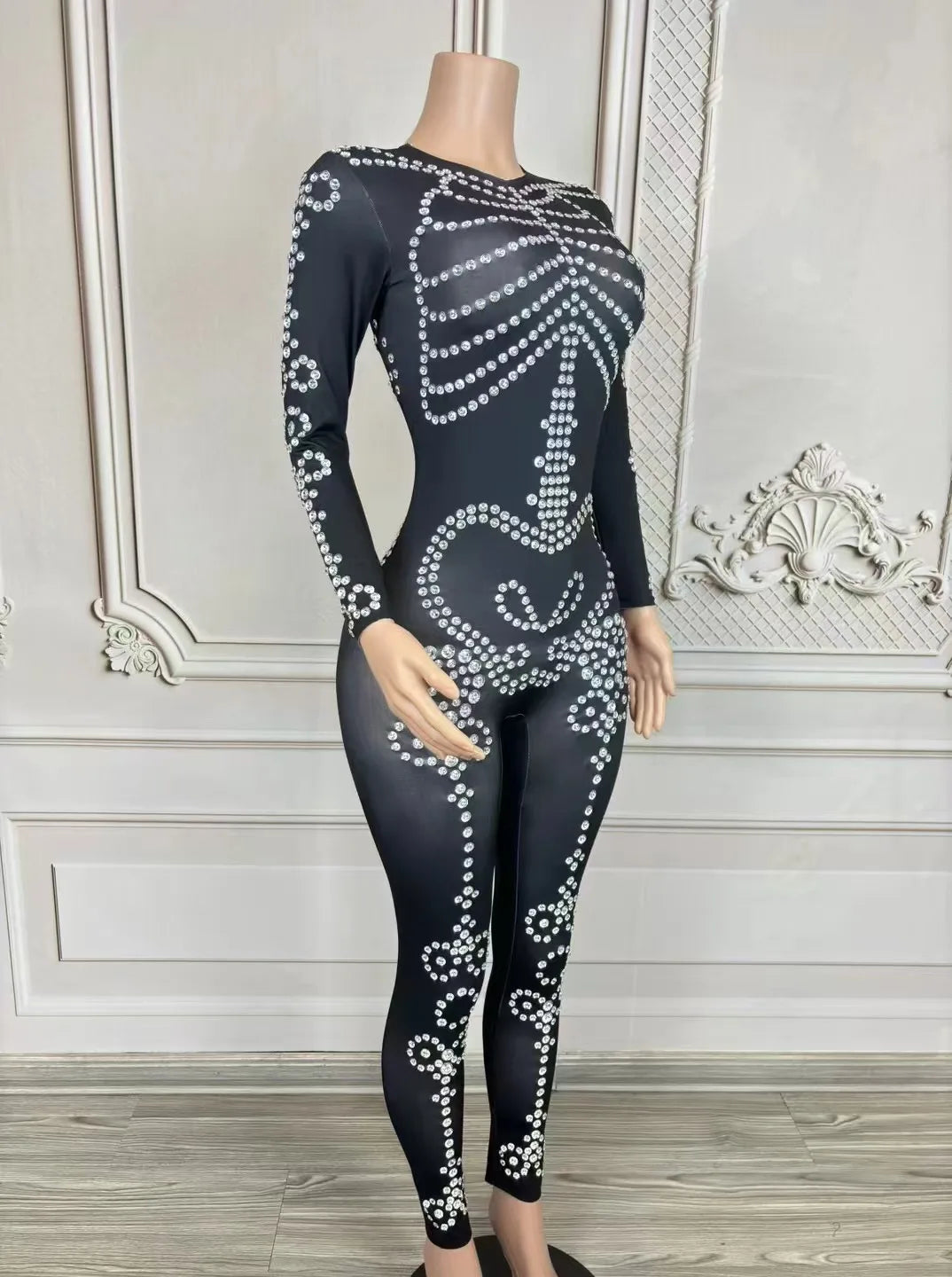 Women's Rhinestone Print Hollow-Out Jumpsuit | Sexy Stage Costume for Nightclub, Festival & Photoshoot