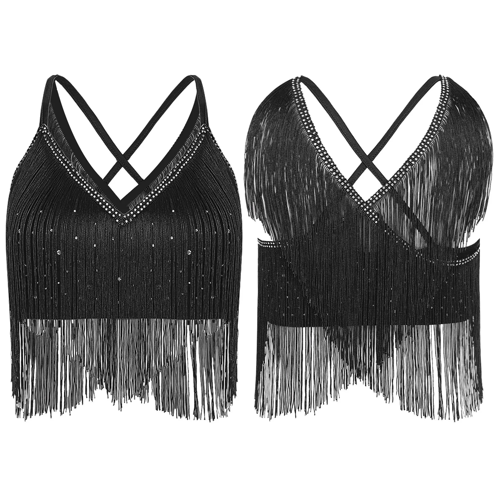 V-Neck Crisscross Back Tassel Fringe Crop Top Latin Salsa Dance Costume