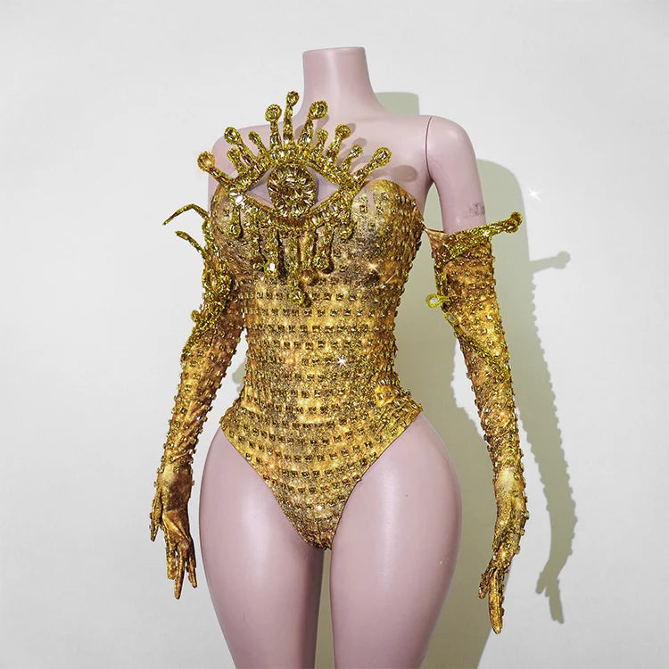 Sparkly Gold Rhinestone Bodysuit Sunburst Collar Spiked Glove Sleeves Costume