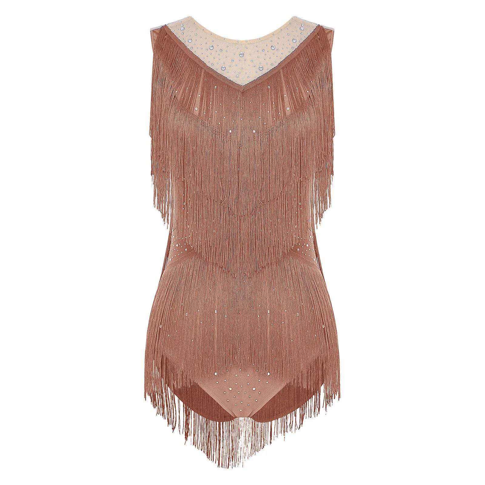 Sparkly Rhinestone & Tassel Fringe Latin Dance Leotard Crew Neck Bodysuit