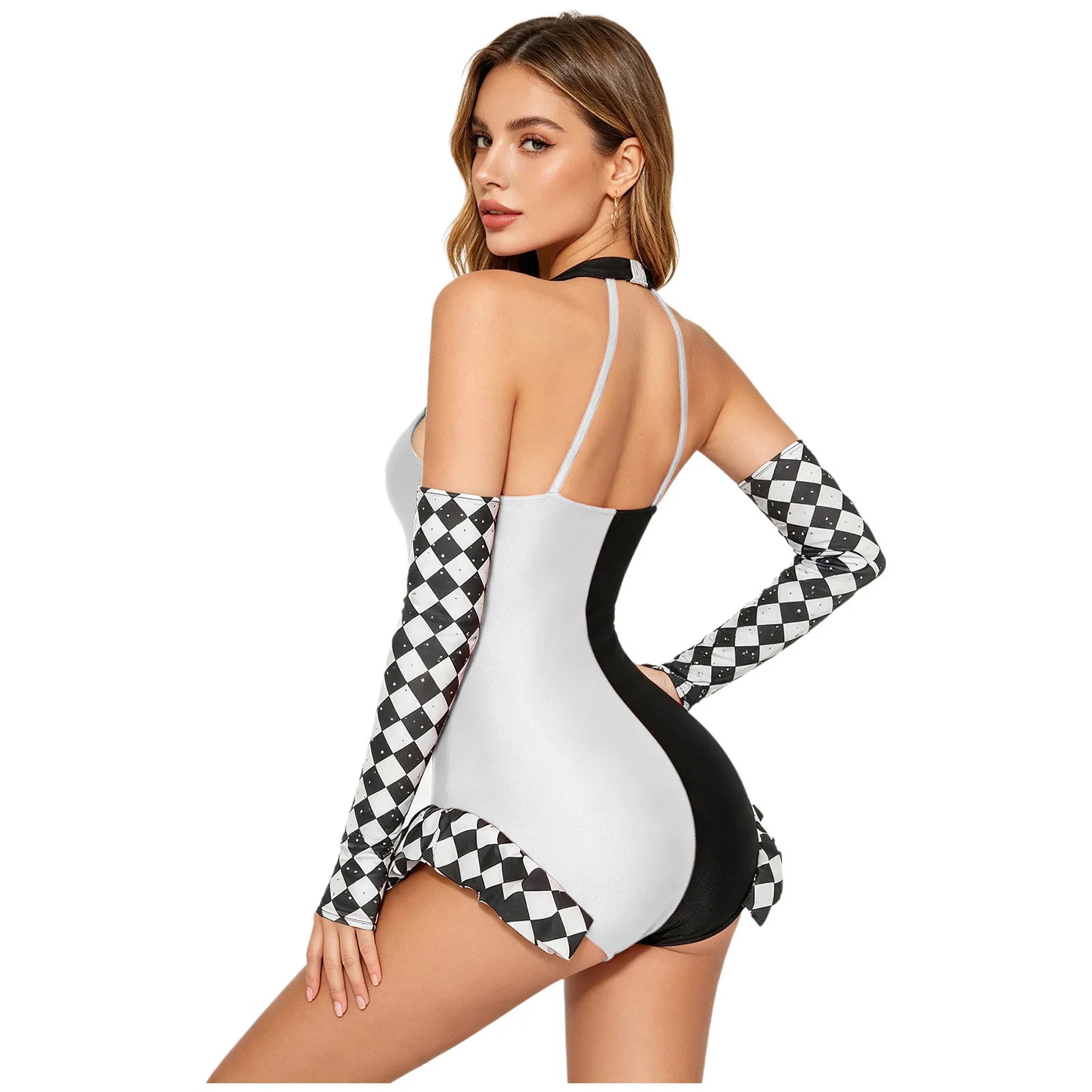 Circus Harlequin Clown Plaid Halter Bodysuit & Arm Sleeves 2-Piece Cosplay Costume Set